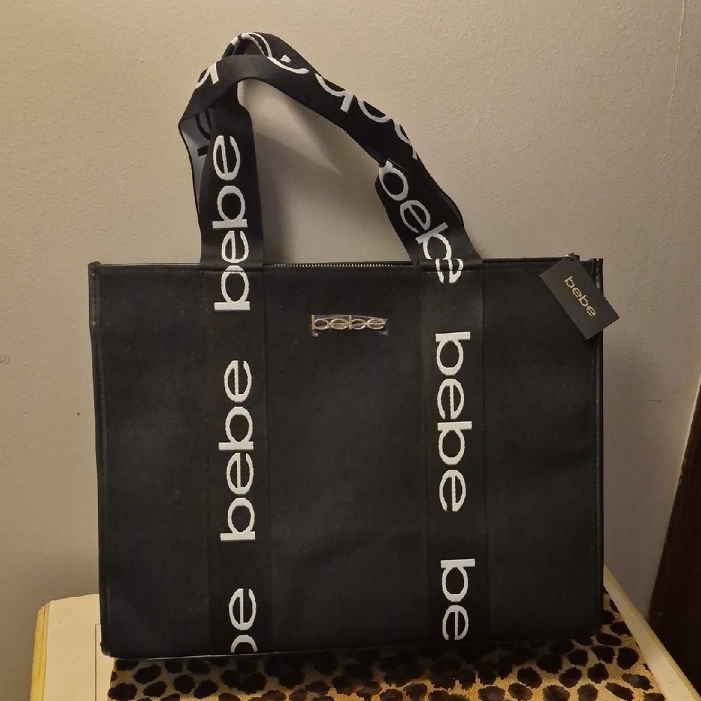 Bebe Black Hana Canvas  Tote with Logo Straps NWT